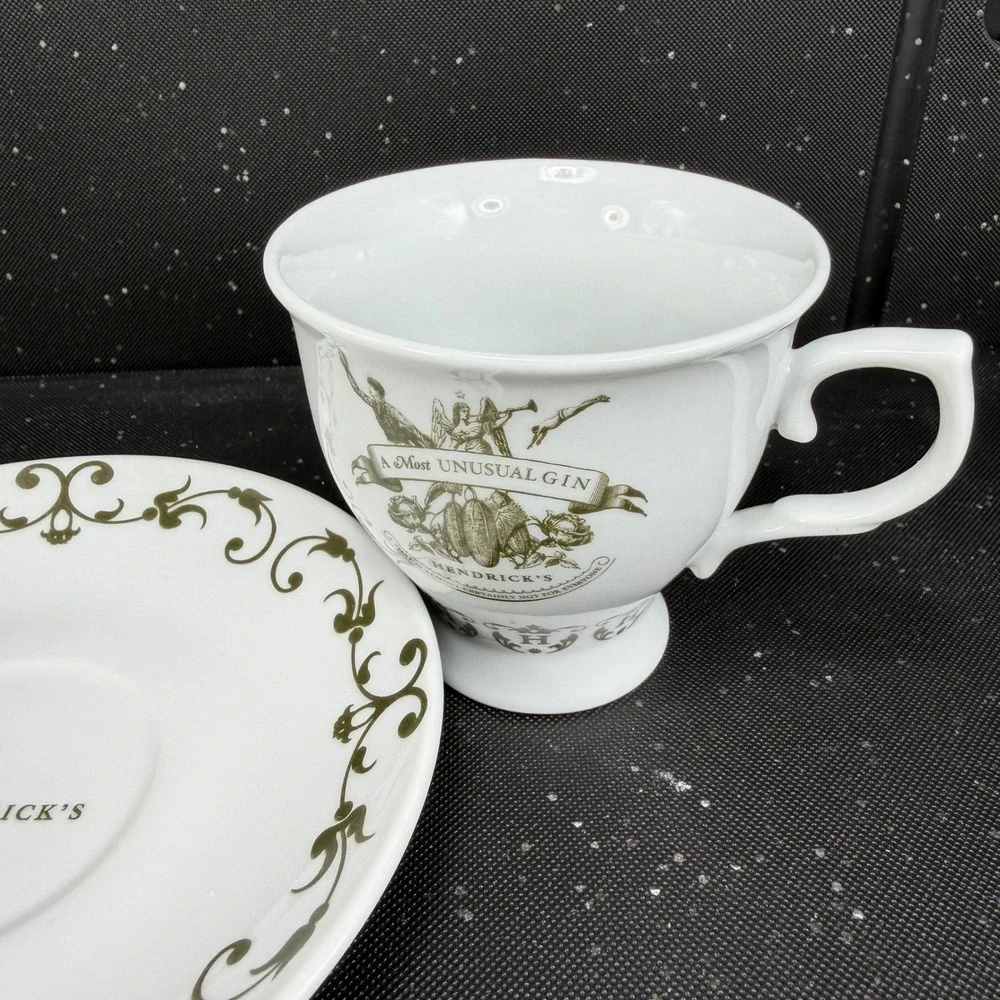 Hendricks Gin Tea Cup and Saucer Set A Most Unusual Gin White Green Victorian